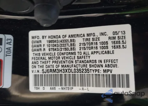 2013 Honda Cr-V Lx from USA, damaged, VIN 5J6RM3H3XDL035235